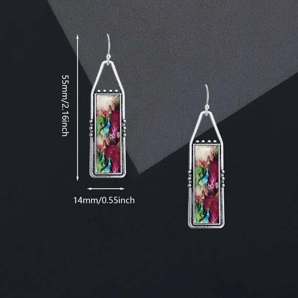 Red GreenHandmade Bohemian Tribal Retro Colorful Square Bar Dangle Drop Earring - Picture 5 of 6